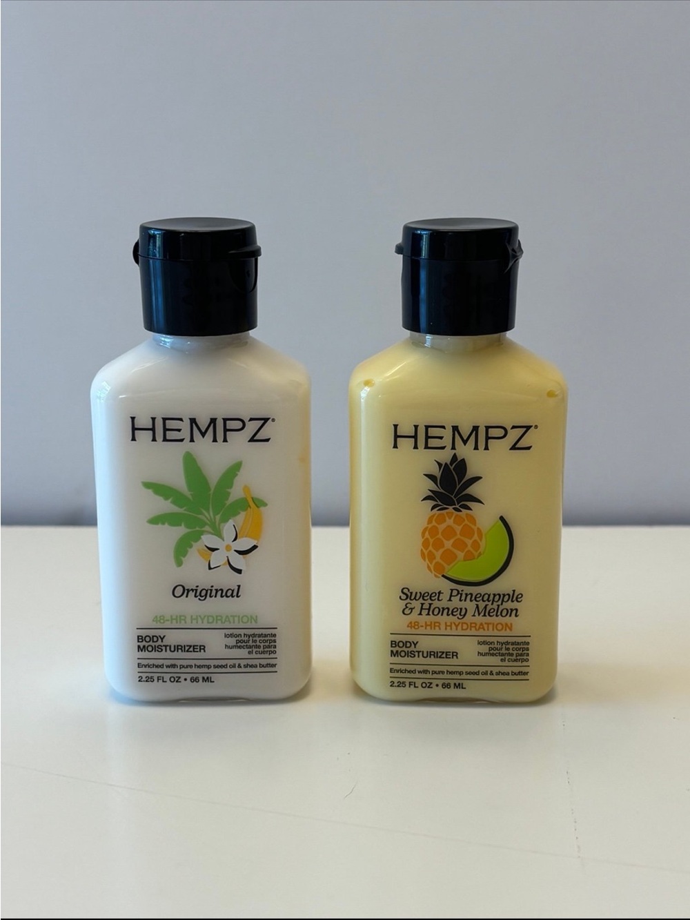 Hempz 2 travel-size body moisturizer,original and sweet pineapple&honey melon